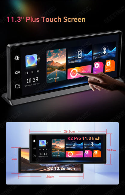 K2 Pro 11.3" 4K Dash Cam — Car DVR with Wireless CarPlay, Android Auto, 5G WiFi & GPS Navigation