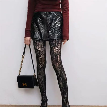Black Floral Lolita Lace Tights - Retro Mesh Stockings with Classic Hollow Design