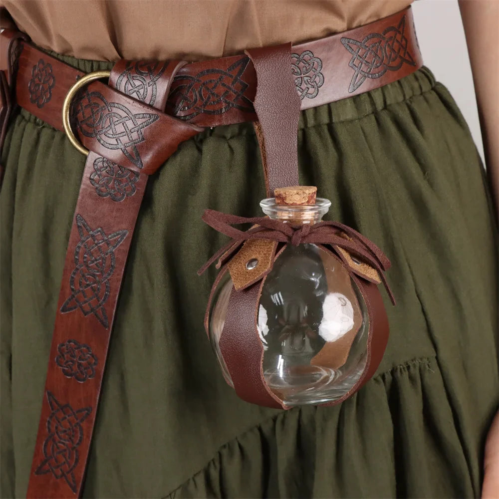 Medieval Elf Leaf Leather Belt Set – Glass Magic Bottle Case, Embossed Retro Leather Accessories for Halloween & Cosplay