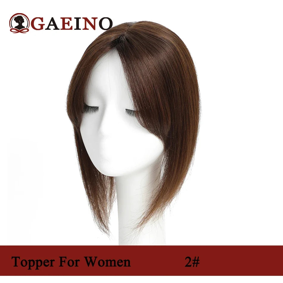 Straight Human Hair Topper With Bangs - Silk Base Clip In Real Hair Extension For Women Chocolate Brown Light Brown