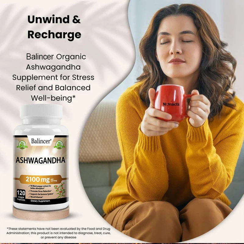 Organic Ashwagandha 2100mg – Stress Relief, Mood Boost, Immune & Thyroid Support Supplement