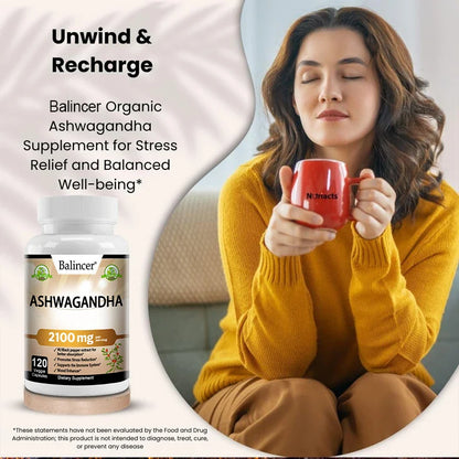 Organic Ashwagandha 2100mg – Stress Relief, Mood Boost, Immune & Thyroid Support Supplement