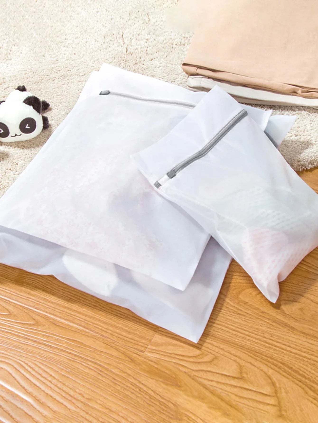 3-Piece Purple Mesh Laundry Bag Set — Zippered Clothes Washing Care Bags