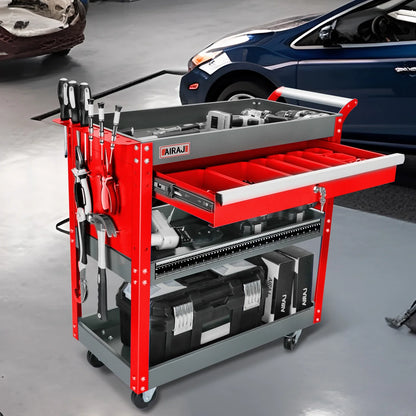 AIRAJ 3-Tier Rolling Tool Cart on Wheels - 440 lbs Capacity Storage for Garage & Warehouse, Available in Blue/Black/Red