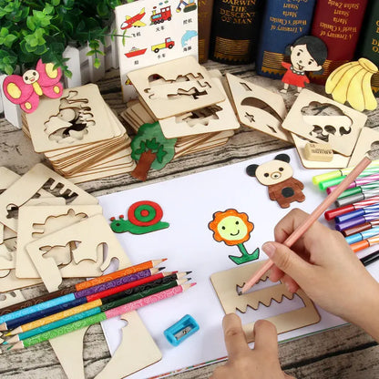 20pcs Montessori Wooden Drawing Toys – DIY Painting Template Stencils, Educational Learning Gift for Children