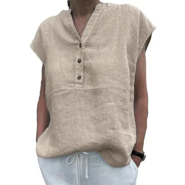 Women’s Cotton Linen V-Neck T-Shirt Blouse – Solid Color Short Sleeve Summer Quick-Dry Casual Top