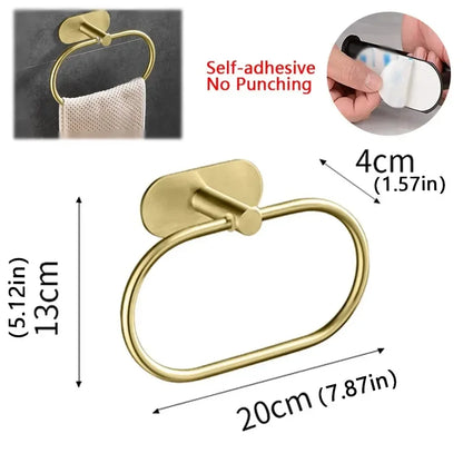 Stainless Steel Self-Adhesive Towel Holder – Black Bathroom & Kitchen Rack, Washhand Hanger Ring Bar