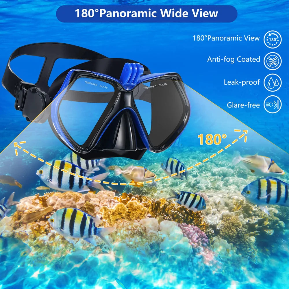 Professional Diving Mask with GoPro Mount - Tempered Glass Swimming Goggles, Dry Snorkel Tube for Underwater Sports - Suitable for Adults and Youth
