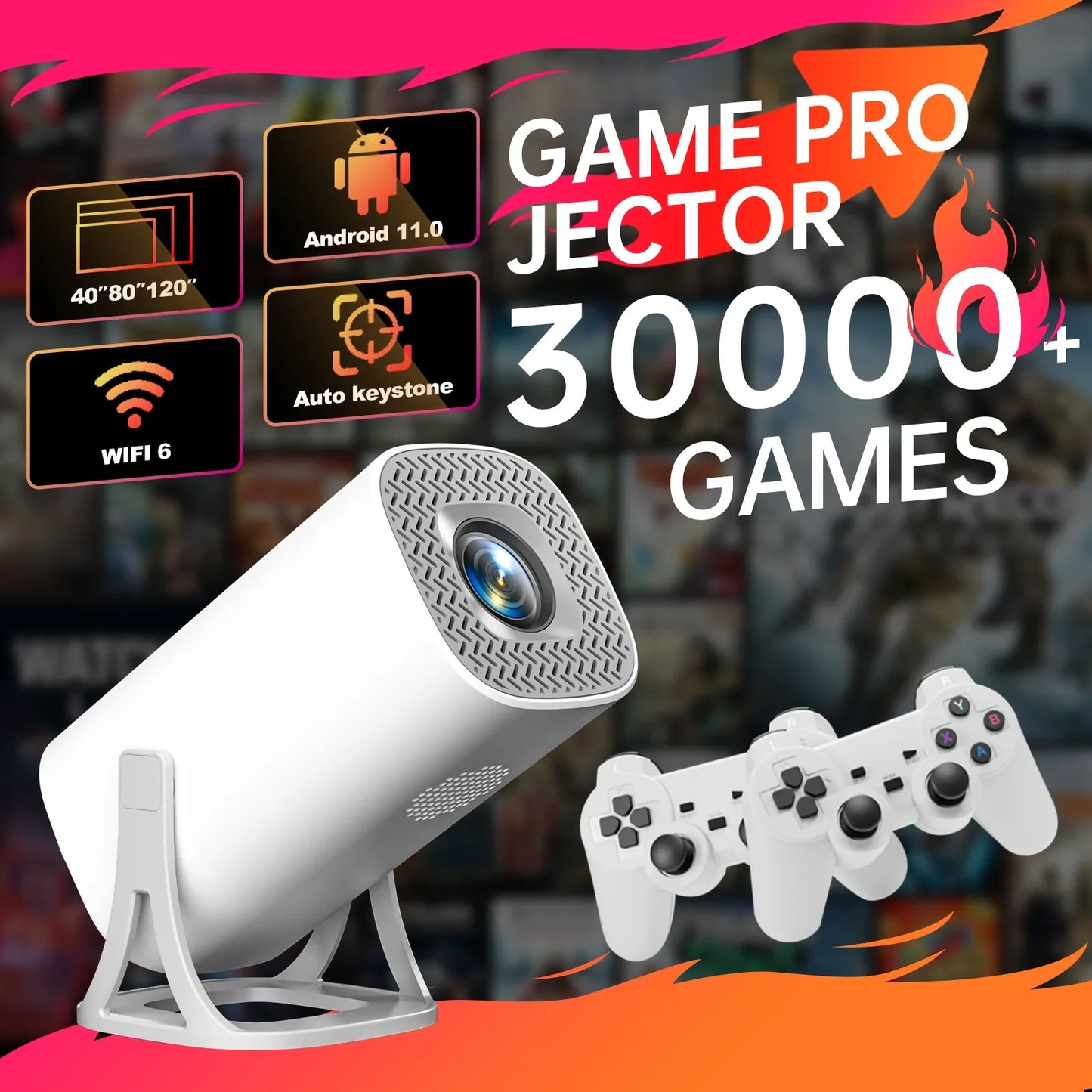 S40MAX Android 11 Gaming Projector - 64GB TF Card, Wireless Controller, Dual WiFi, 1280x720P Portable Home Theater