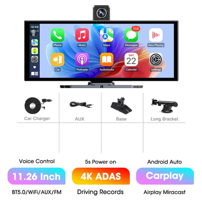 11.26” 4K ADAS Dash Cam Display – Wireless Android Auto & CarPlay Screen DVR with Dual Recording, Night Vision & FM Car System