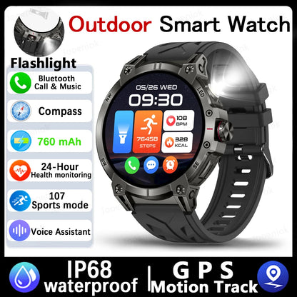 Military Smartwatch for Men – 760mAh Battery, LED Flashlight, Compass, 1.8" HD Screen, Heart Rate, Waterproof, BT Call