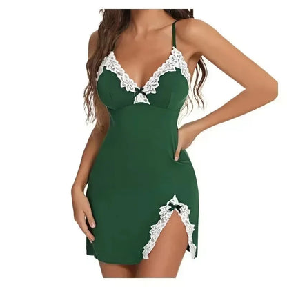 Women’s Sexy Lace Silk Satin Nightgown – V-Neck Sleeveless Sleepwear with Split Hem Soft Lingerie Dress