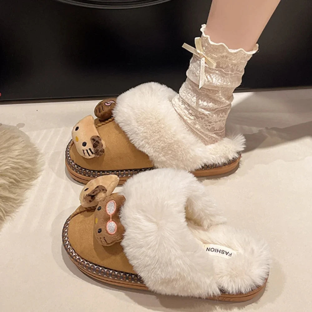 Sanrio Hello Kitty Winter Plush Slippers – Cute Fuzzy Warm Kawaii Women’s Home Shoes, Y2K Style, Non-Slip Outdoor Flats
