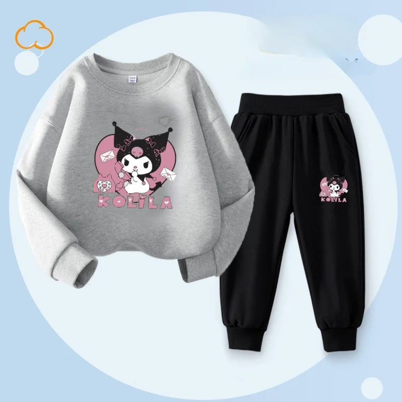 Sanrio Kuromi Cartoon Print Clothing Set for Girls – Sweatshirt & Long Pants, 2-Piece Autumn Sweatsuit for Toddlers & Kids