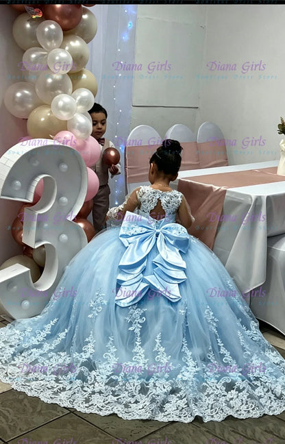 White Tulle Flower Girl Dress - Lace Applique Wedding & Party Gown