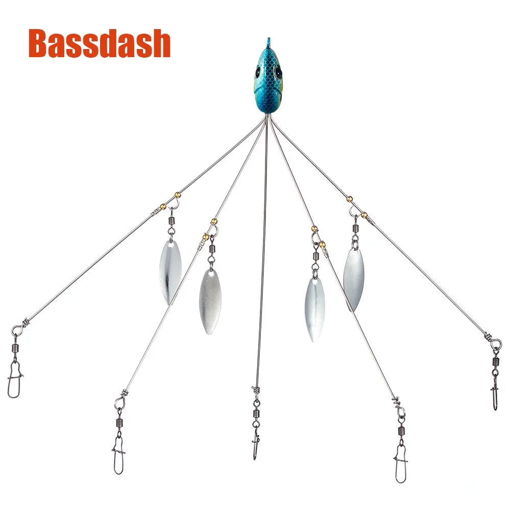Bassdash Umbrella Fishing Lure Rig: 5-Arm Alabama Rig with Head Swimming Bait - Ideal for Bass Fishing Groups, Snap Swivel Spinner (18g)
