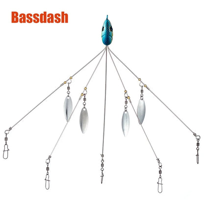 Bassdash Umbrella Fishing Lure Rig: 5-Arm Alabama Rig with Head Swimming Bait - Ideal for Bass Fishing Groups, Snap Swivel Spinner (18g)