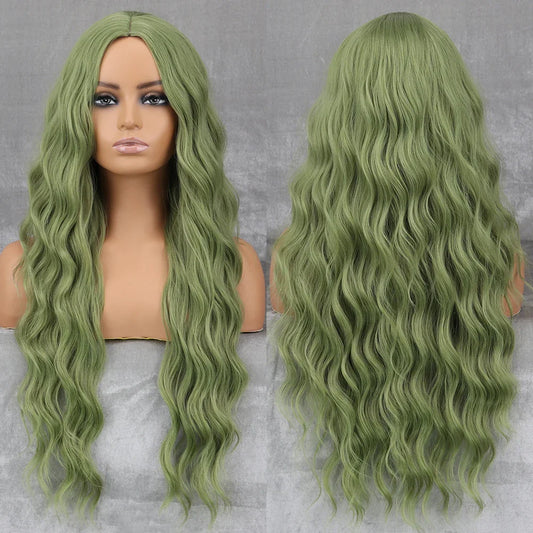 Long Wavy Green Synthetic Wig – Heat-Resistant Women's Cosplay, Party, Lolita Style, Half Part, Red/Black/Pink