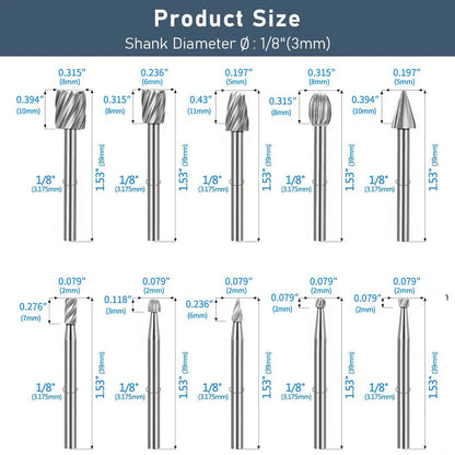10Pcs HSS Rotary File Set for Metal & Woodworking – High-Speed Steel Milling Cutters Rat-Tail Rotary Burr Tool Kit for Precision Grinding