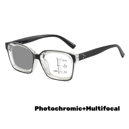 Photochromic Multifocal Reading Glasses – Ultralight Progressive Square Frame Anti-UV Presbyopia Eyewear for Men & Women