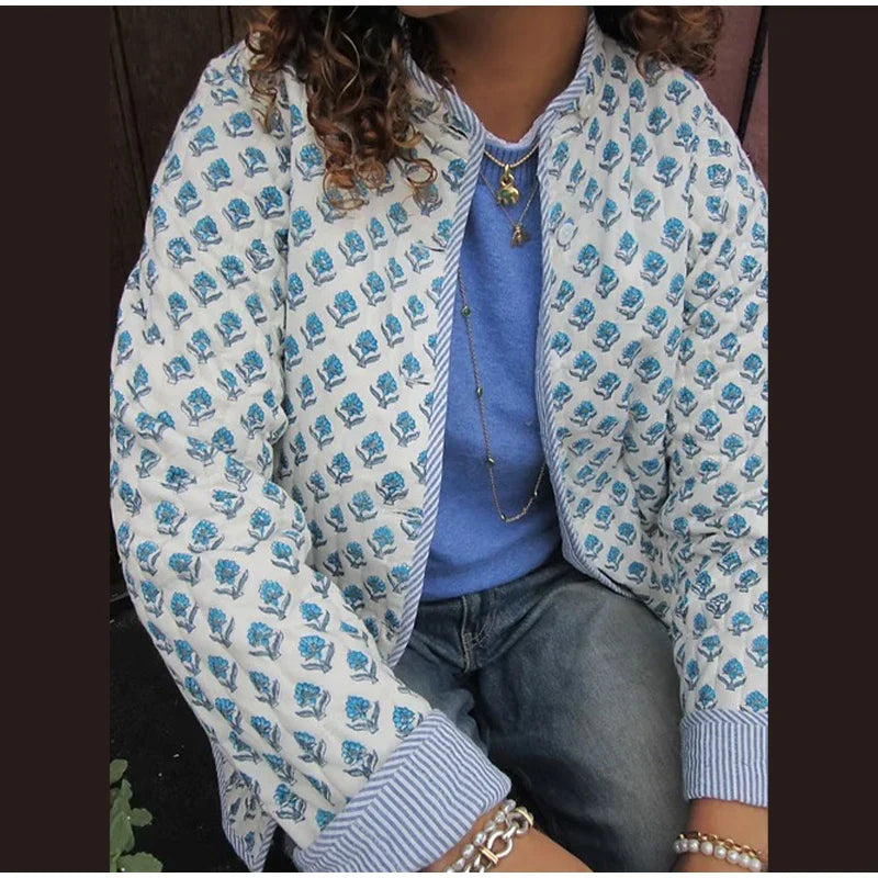 2025 Women’s Printed Quilted Padded Jacket – Collared Cotton Coat with Contrast Piped Pockets, Casual Autumn Outerwear