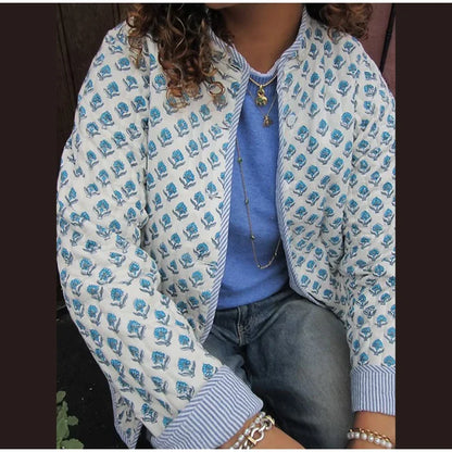 2025 Women’s Printed Quilted Padded Jacket – Collared Cotton Coat with Contrast Piped Pockets, Casual Autumn Outerwear