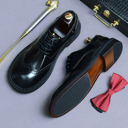 Men's Retro Genuine Leather Brogue Shoes - Handmade Round Toe Flat Dress Shoes for Weddings & Formal Occasions