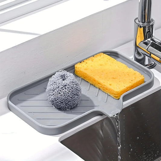 Sink Silicone Tray with Drain – Soap & Sponge Holder, Countertop Scrubber Brush Storage Rack, Kitchen Organizer