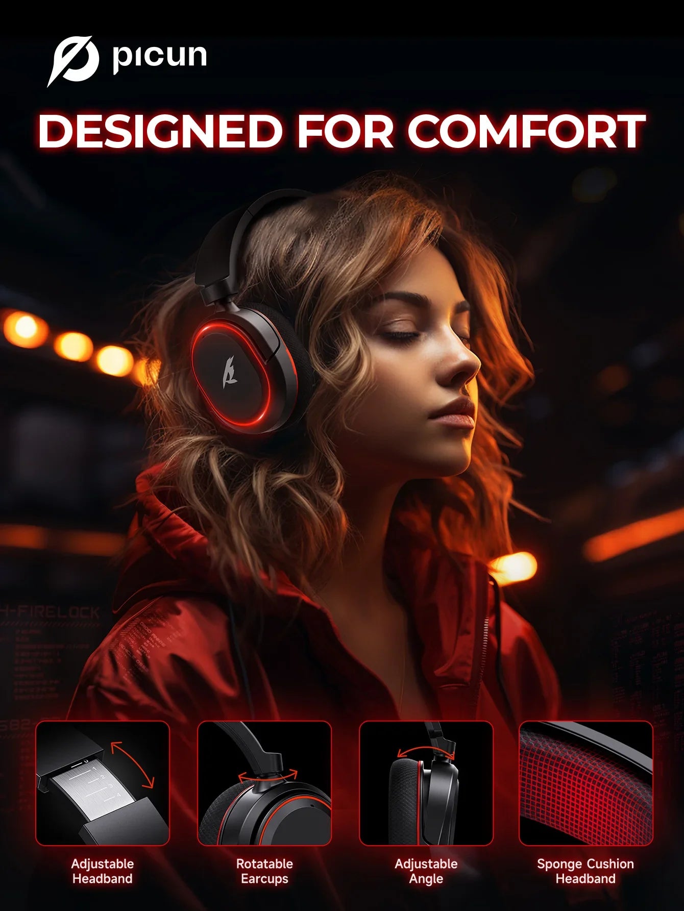 Picun G2 Wireless Gaming Headset – 2.4G & Bluetooth, 5ms Low Latency, 7.1 Surround Sound, ENC Mic for PC, PS4, PS5, Switch & Phone