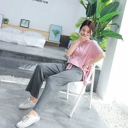Women's Summer Modal Pajamas Set – Lightweight Short Sleeve Top and Loose Trousers Two-Piece Homewear