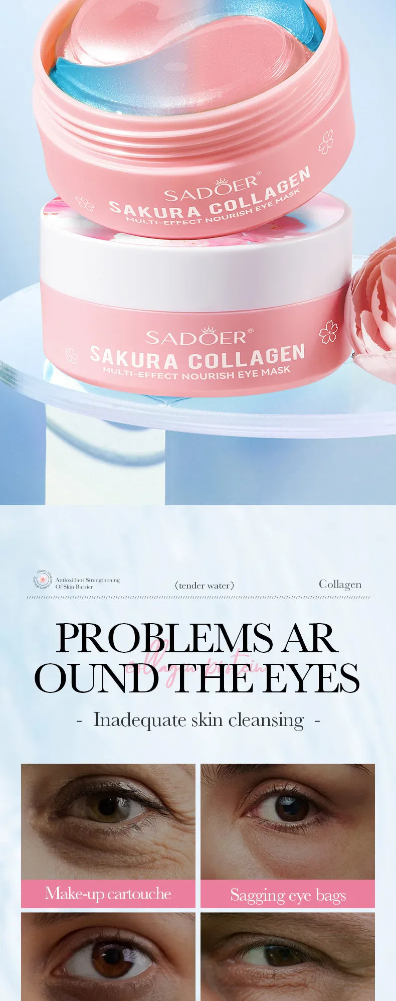 SADOER 60pcs Sakura Collagen Eye Masks — Anti-Dark Circle, Eye Bag Removal, Moisturizing & Firming Eye Patches
