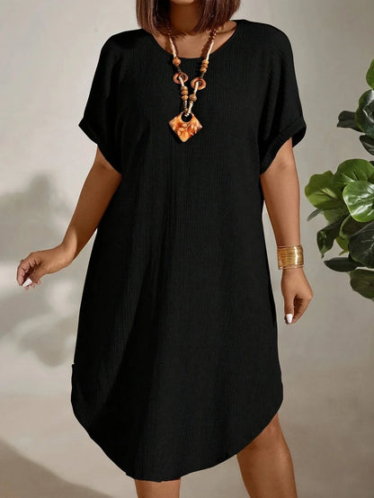 Plus Size Women’s Summer Short Sleeve Dress – 2025 Solid Color Casual European & American Style Outfit