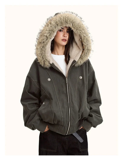 ZAROY Y2K Fur Collar Hooded Parka – Thick Padded Gothic Winter Jacket Streetwear for Men & Women