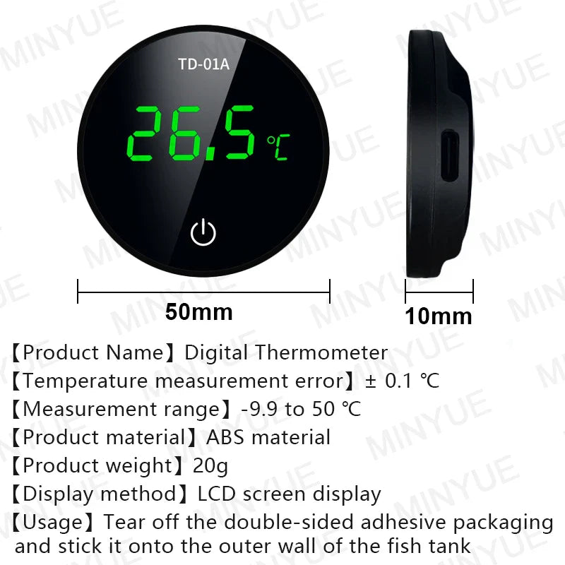 MINYUE LCD Digital Aquarium Thermometer – High Precision External Fish Tank Thermometer with Type-C Charging (-9.9 to 50℃)