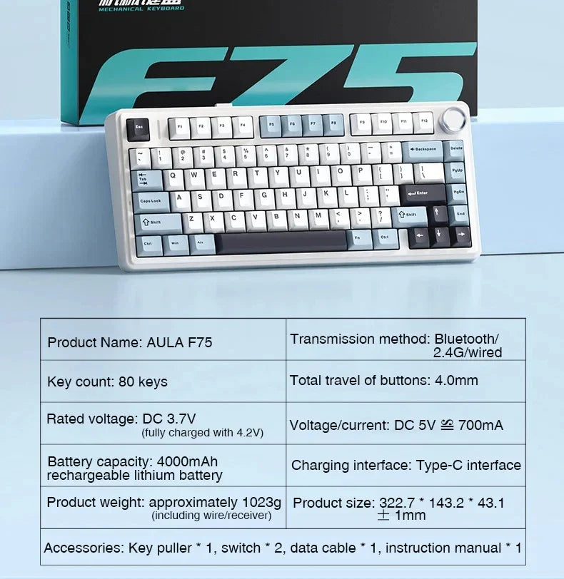AULA F75 75% Mechanical Gaming Keyboard – 2.4G Wireless, Bluetooth, Wired, RGB, OEM Profile, Gasket Structure