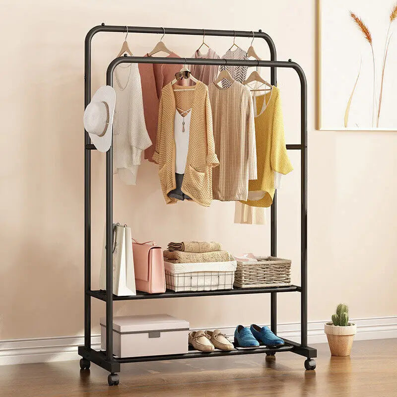 Rolling Clothes Rack – Garment Hanger with 2-Tier Storage Shelves