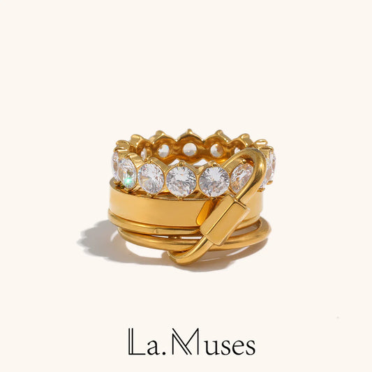 La. Muses Luxury Multi-Layer Zircon Stainless Steel Women’s Ring, PVD Gold-Plated Trendy Gift Jewelry