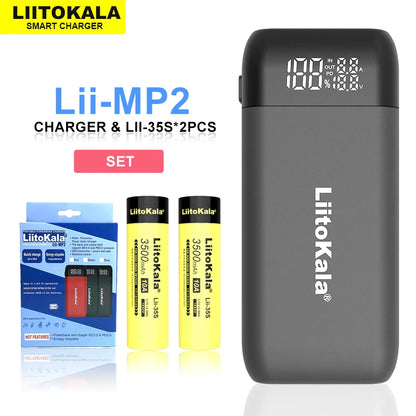 LiitoKala Lii-MP2 Battery Charger & Power Bank - 18650/21700 Rechargeable with QC3.0 Input/Output & Digital Display