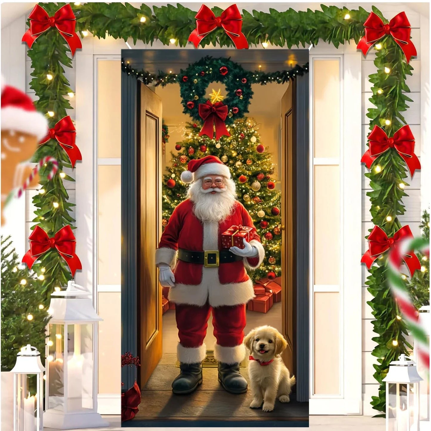 Cute Animals Christmas & New Year Door Cover – Dog, Cat, Snowman, Gingerbread Man Holiday Outdoor Winter Decoration Gift