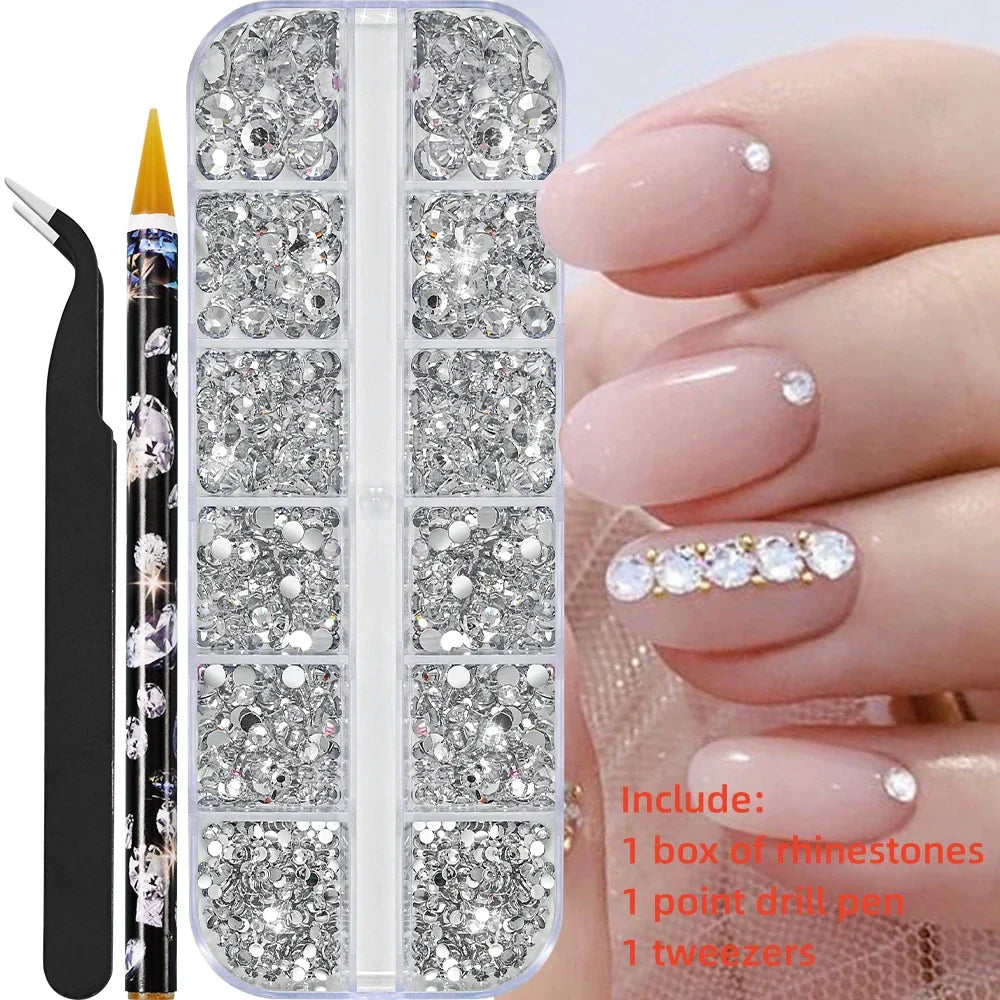 12-Grid 3D Glass AB Crystal Nail Art Rhinestones Kit – Flatback Round Beads with Tools for Nail Jewelry & Diamond Decoration