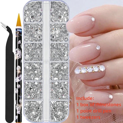 12-Grid 3D Glass AB Crystal Nail Art Rhinestones Kit – Flatback Round Beads with Tools for Nail Jewelry & Diamond Decoration