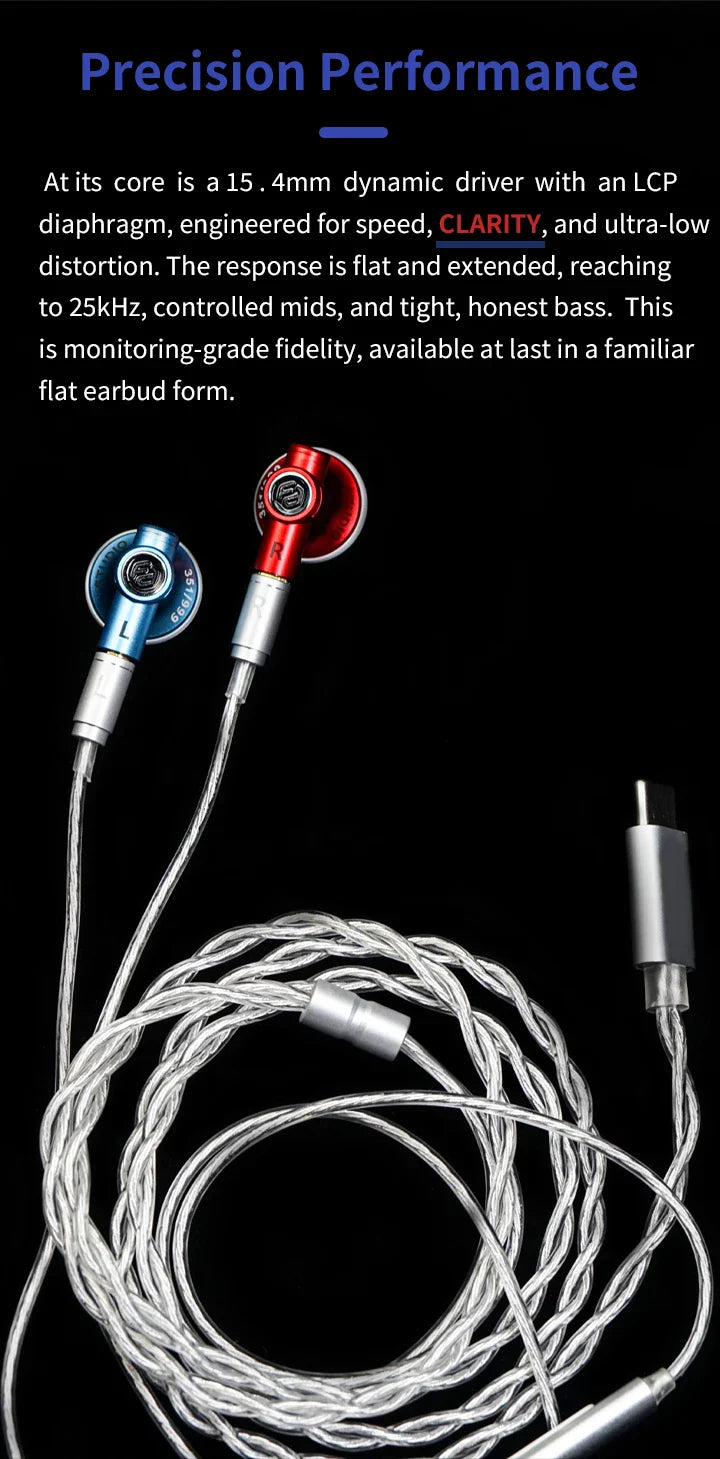 Guangda HIFI Flathead Studio Earbuds — Wired Hi-Res Earphones for Gaming & Music (3.5mm / 4.4mm / USB-C)