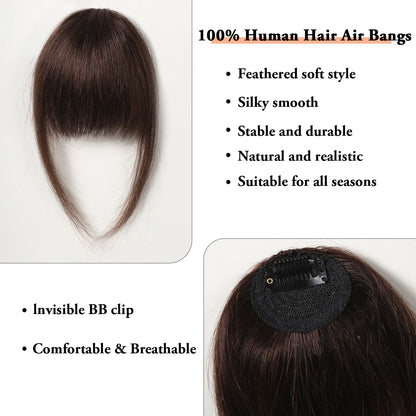 100% Human Hair Clip-In Bangs - Natural Brown Wispy Fringe with Temples, 4.5in Air Bang Hairpiece for Women
