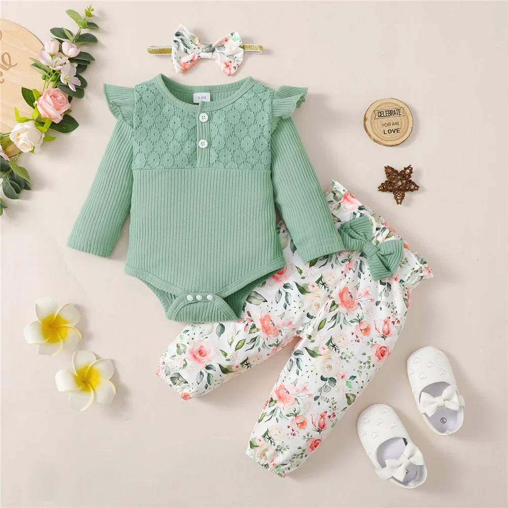 3-Piece Baby Girl Clothes Set – Long Sleeve Romper, Flower Pants & Headband, Spring & Autumn Outfit for 0-18 Months