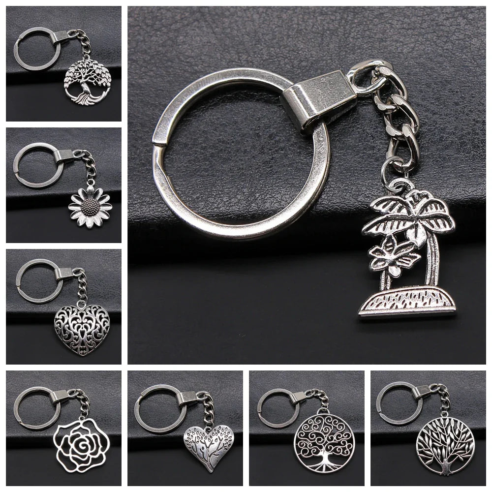 New Fashion Men 30mm Metal Alloy Keychain with Vintage Heart, Flower, Rose, Sunflower & Tree Pendant DIY Keyring Holder Chain Accessory