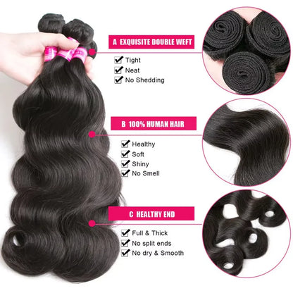 Body Wave Brazilian Human Hair Bundles – 1/3/4 Bundle Deals Natural & Jet Black Hair Extensions