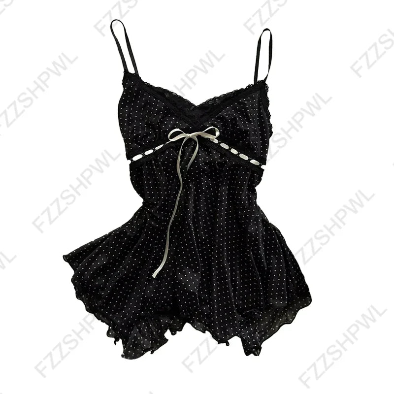 Women’s Grunge Punk Gothic Camisole Top – Y2K V-Neck Bow Lace Slim Fit Crop Cami Streetwear