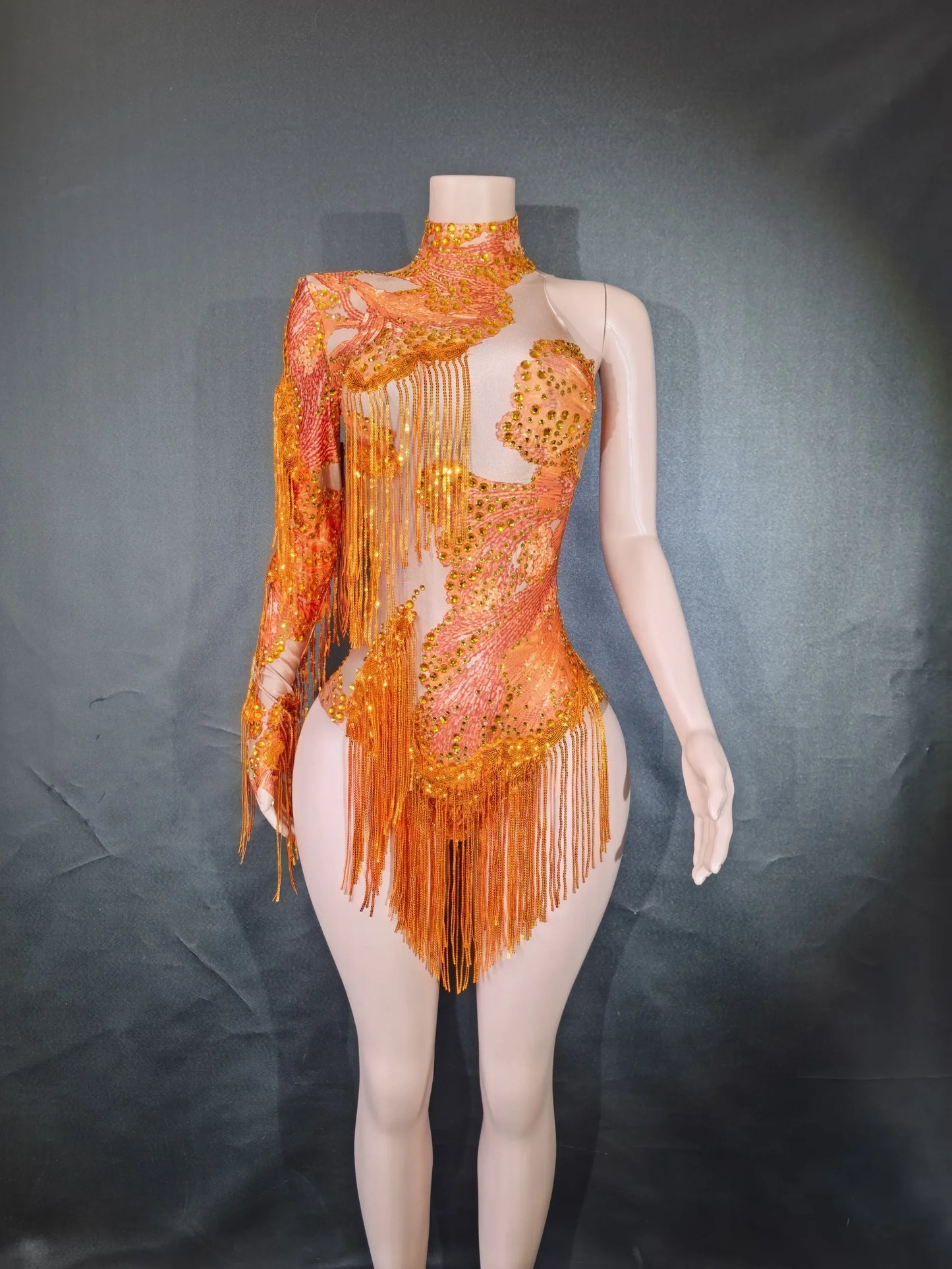 Sparkly Blue Rhinestone Leotard - One-Shoulder Fringe Bodysuit for Dance, Stage & Performance