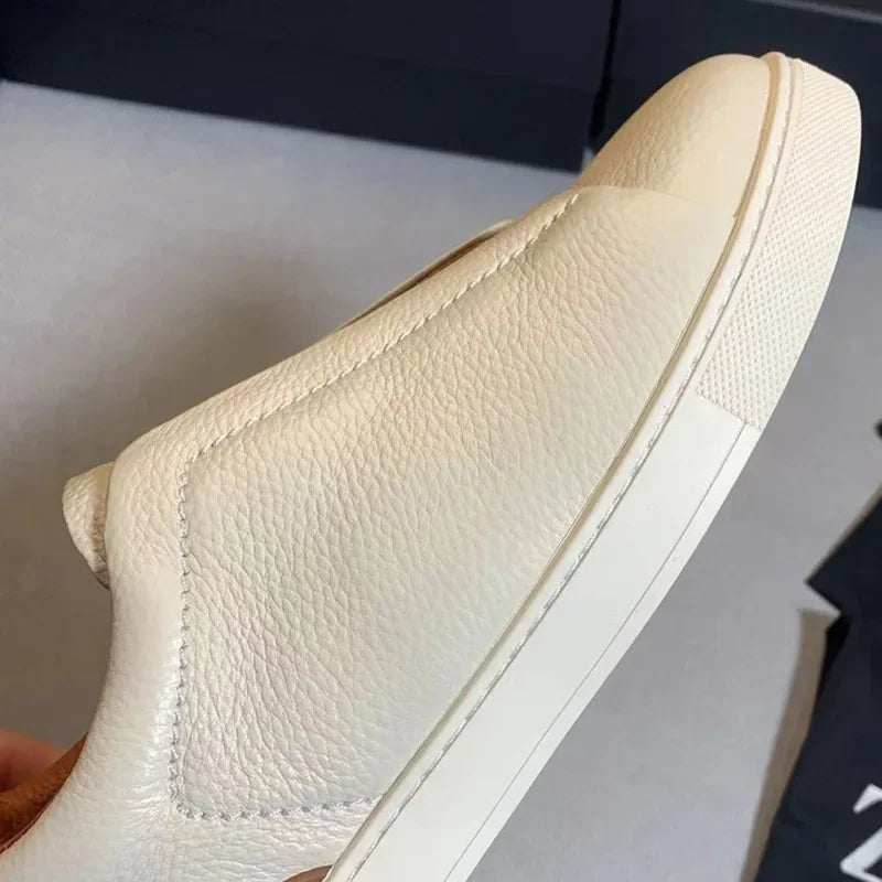 Men's Summer Casual Shoes — Top Layer Cow Leather, Breathable Luxury Deer Skin Slip-On Sneakers