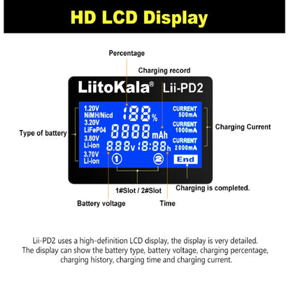 Liitokala Lii-PD2 Lii-PD4 18650 Battery Charger: LCD Multifunction Charger for 3.7V & 1.2V Batteries - Compatible with 26650, 18350, 16340, 18500, 14500, AA, AAA